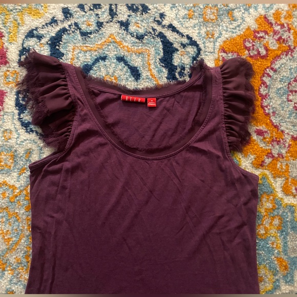 SOLD! ELLE Solid Plum Purple Fringe Detail Ruffle Flutter Sleeve Top M - Picture 4 of 11